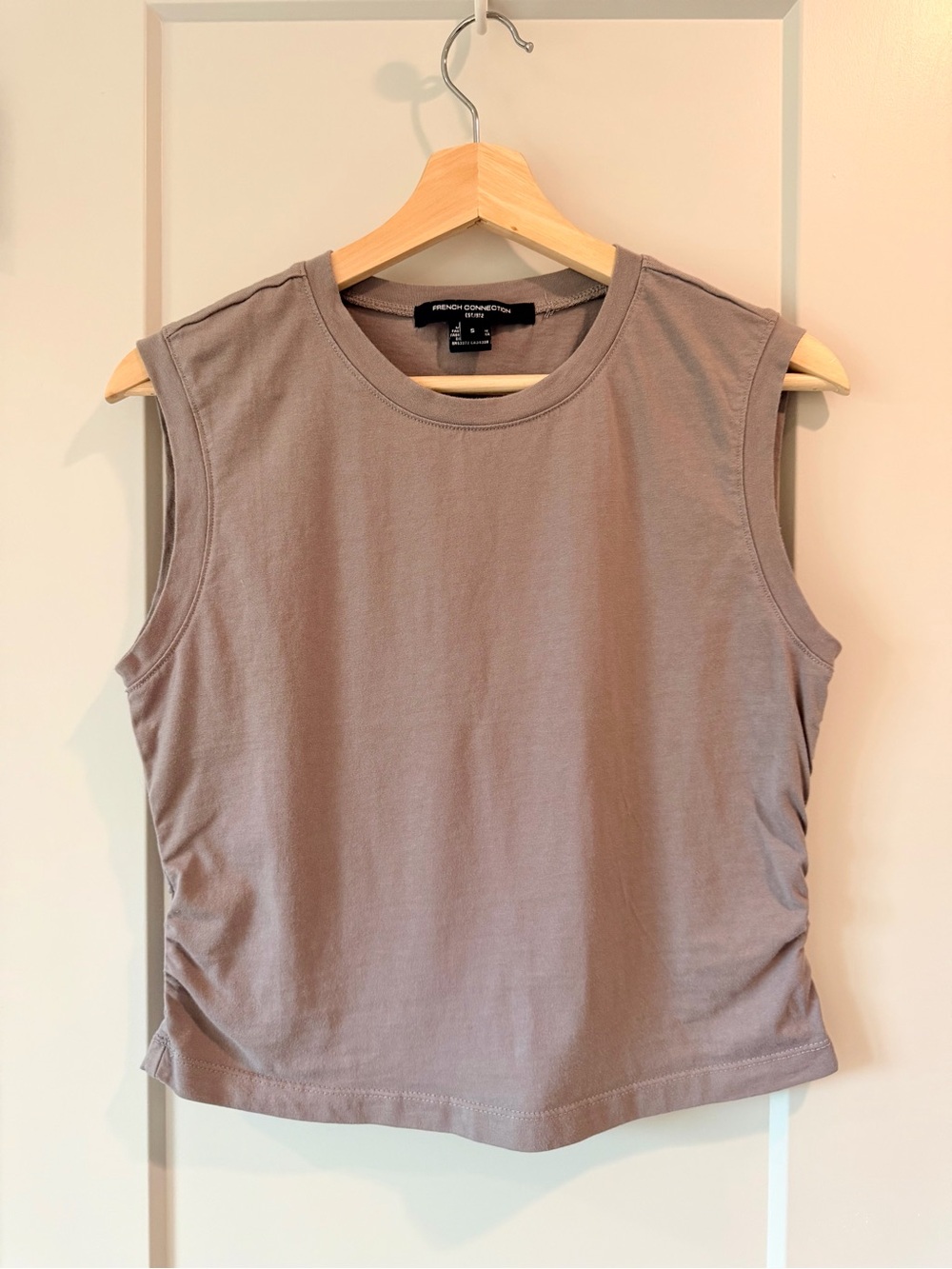 French Connection Taupe Ruched Side Sleeveless Cropped 100% Cotton Knit Top